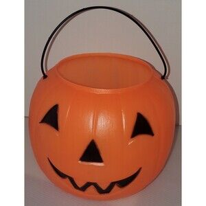 Vintage General Foam Plastics Halloween Pumpkin Pail Bucket Blow Mold USA Smile